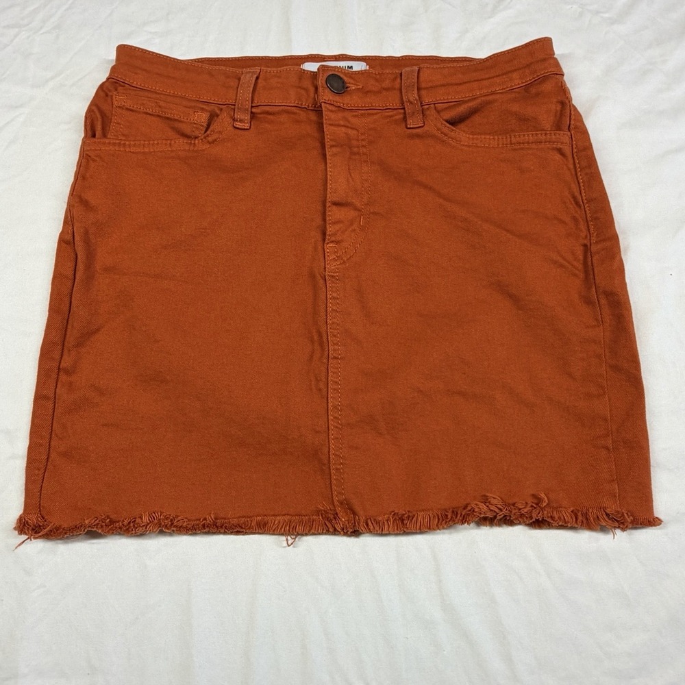 O2 Denim Mini Skirt Women's Medium Terracotta Raw Hem Stretch 5 Pockets USA Made